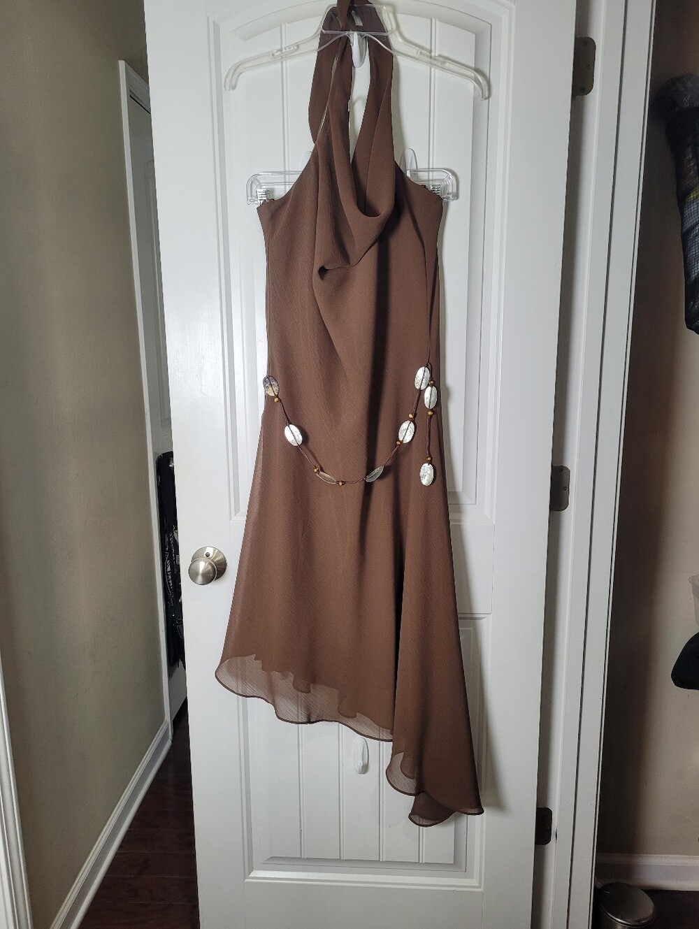 Brown Halter Asymmetric Evening Dress - Elegant Women's Cocktail Dress  Size 14